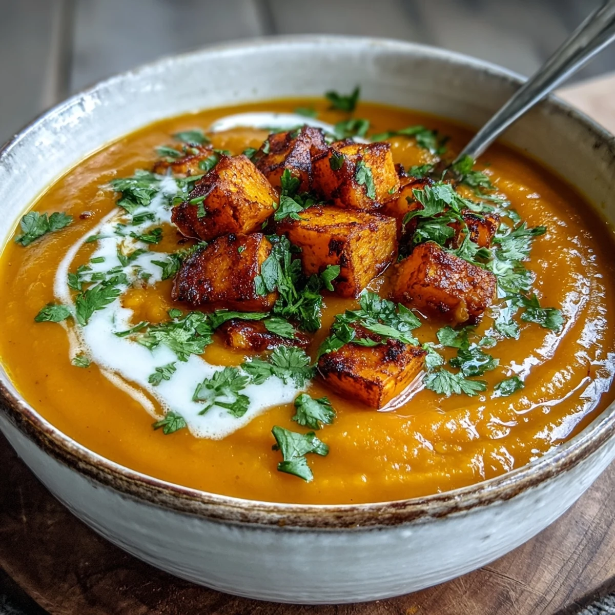 Velvety Butternut Squash and Lentil Soup with a swirl of coconut cream, served warm and garnished with fresh cilantro.