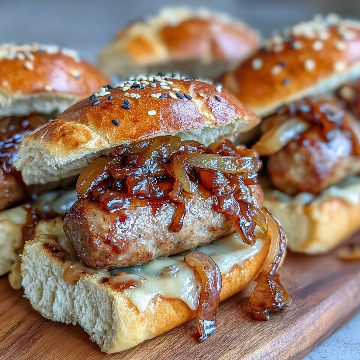 A close-up of Touchdown Brat Sliders featuring juicy bratwurst patties, melted beer cheese sauce, and caramelized onions on toasted buns.