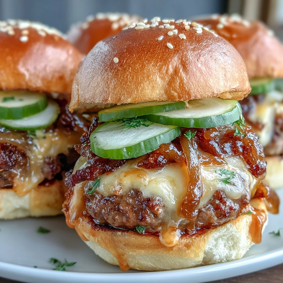 Golden-brown Touchdown Brat Sliders served hot on a wooden board, garnished with caramelized onions and dill pickles for a perfect snack.