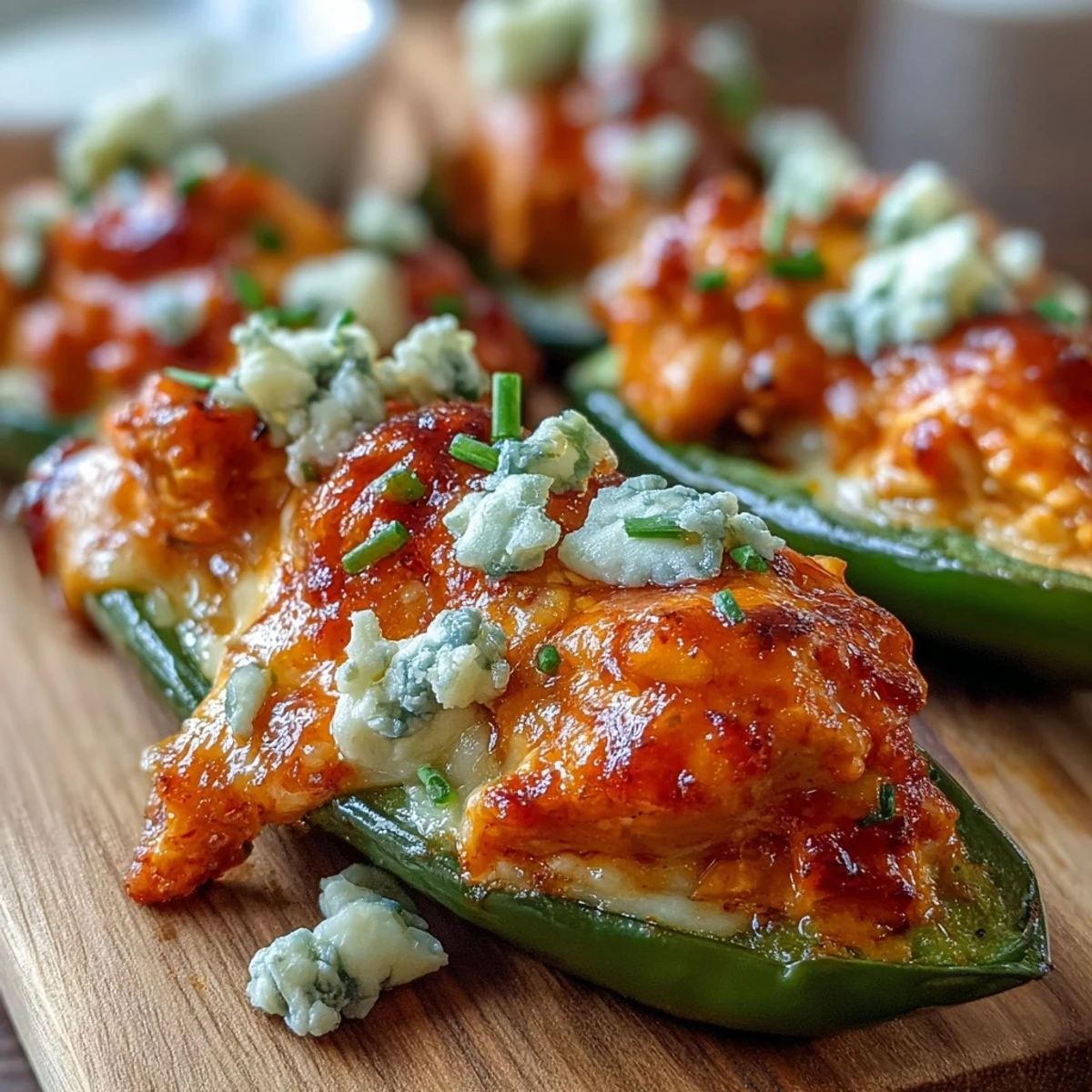 Baked Buffalo Wing Poppers with bubbling, spicy filling served on a dark slate platter.