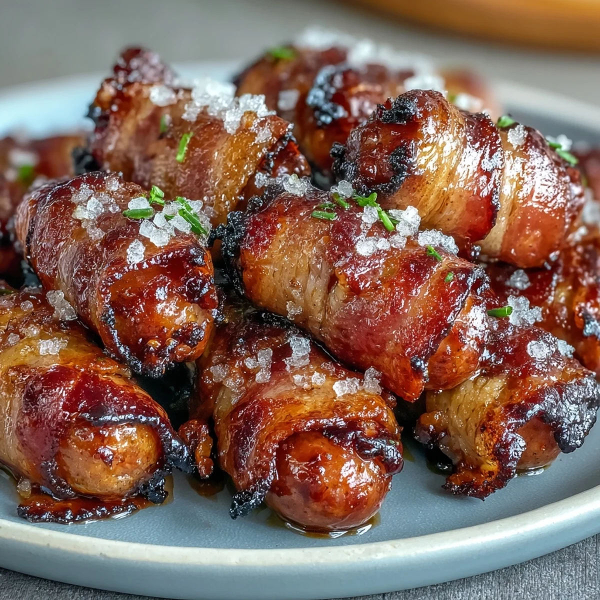 Freshly baked Bacon-Wrapped Smokies with a sweet, sticky brown sugar glaze on a wooden serving board.