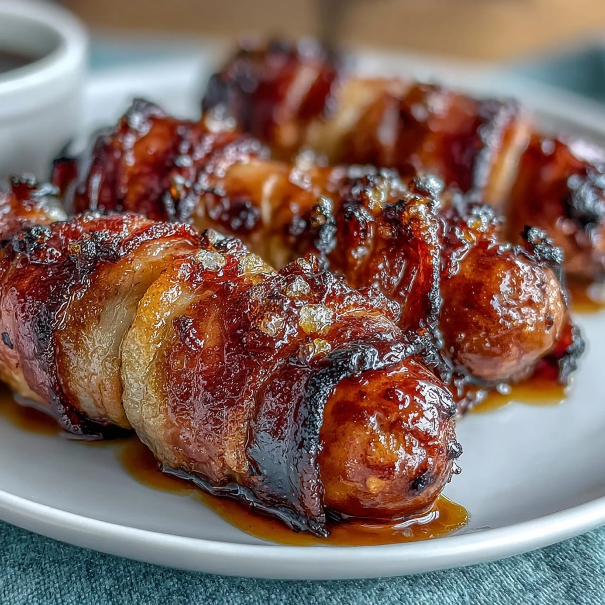 Sizzling Bacon-Wrapped Smokies just out of the oven, glistening with a caramelized maple glaze.