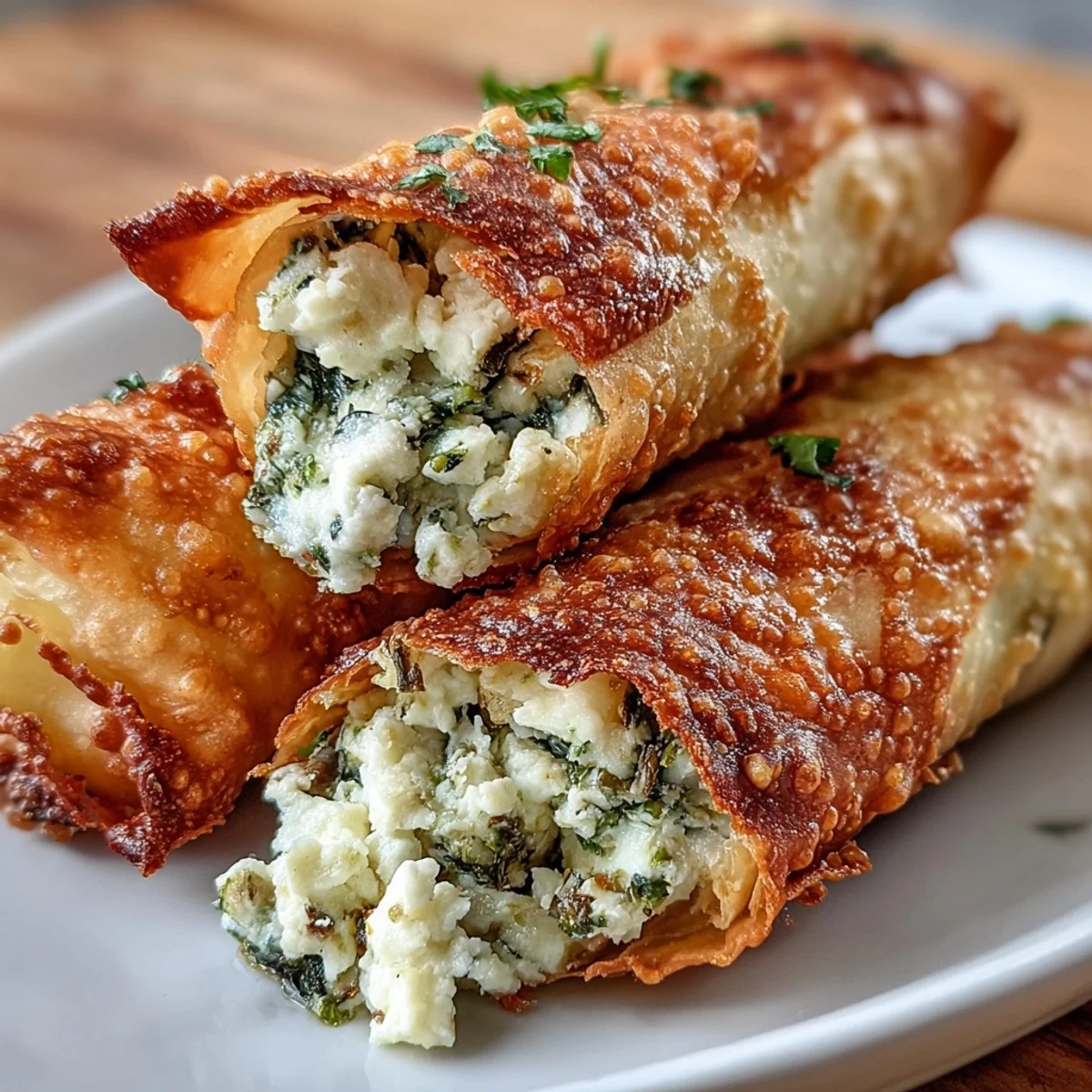 Golden brown Spanakopita Spring Rolls arranged on a white plate next to a small bowl of creamy tzatziki.