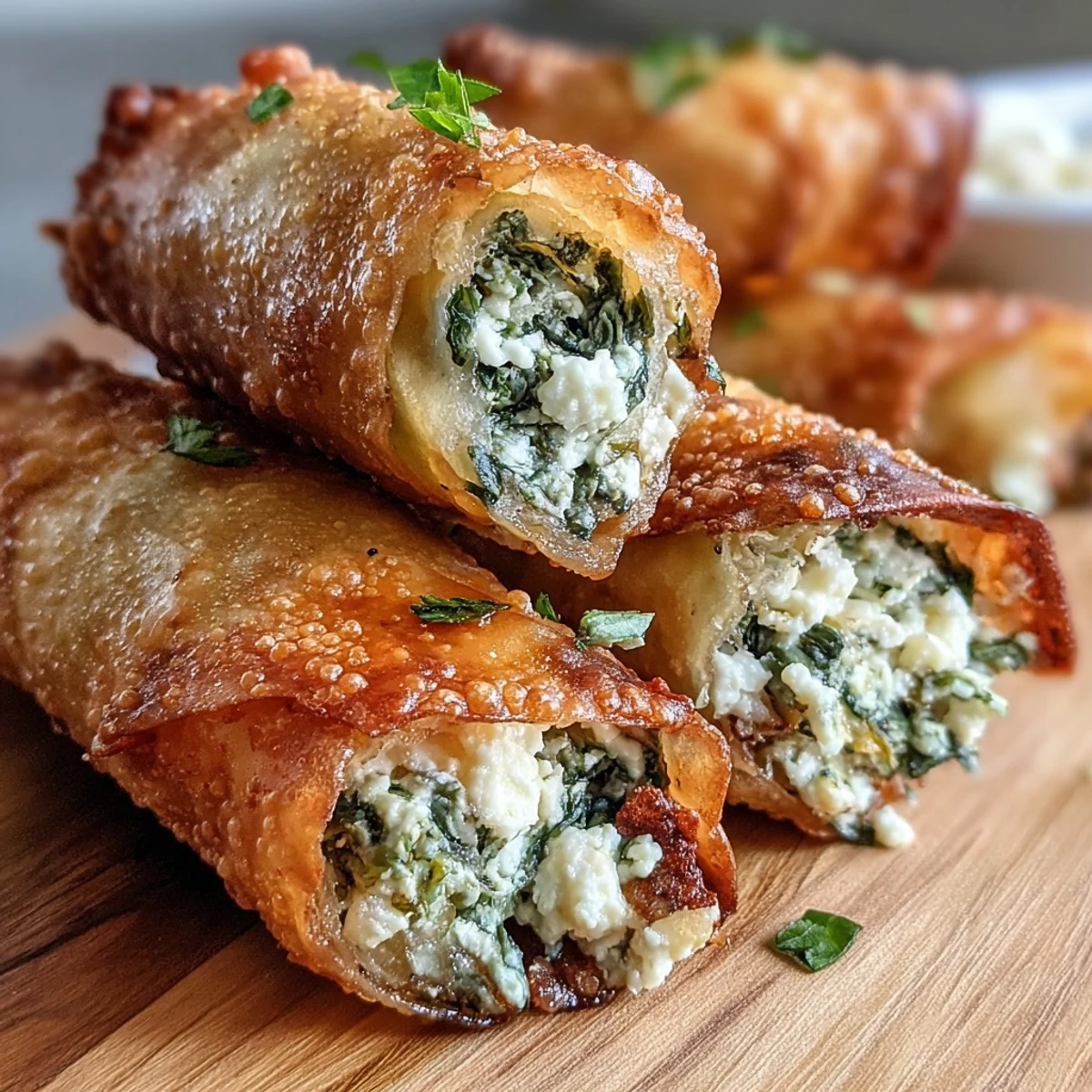 Freshly fried Spanakopita Spring Rolls served on a plate with lemon wedges for a bright Mediterranean flavor.