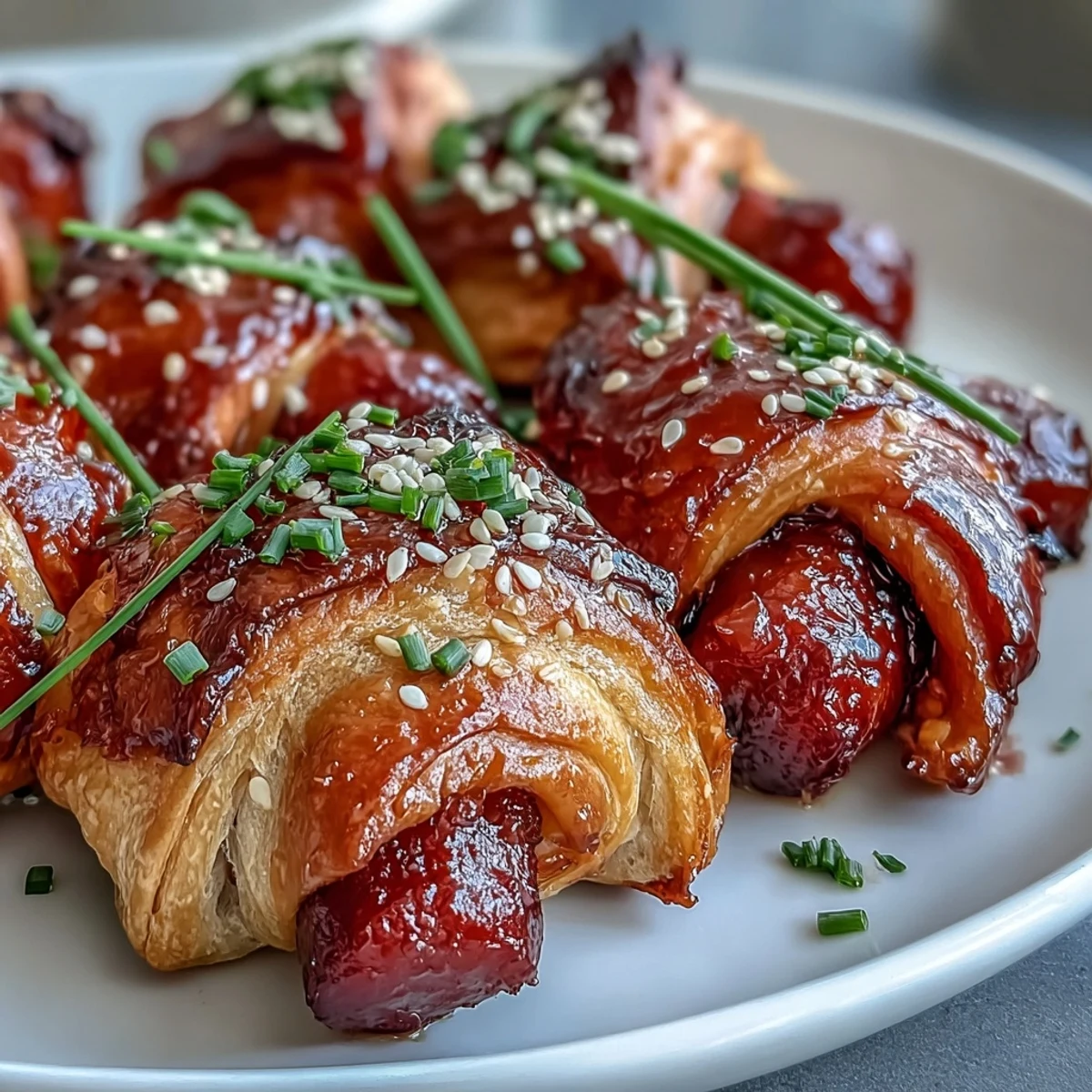Golden-brown Pepper Jelly Hogs in a Blanket are fresh from the oven, their flaky puff pastry glistening with a sweet and spicy glaze.  