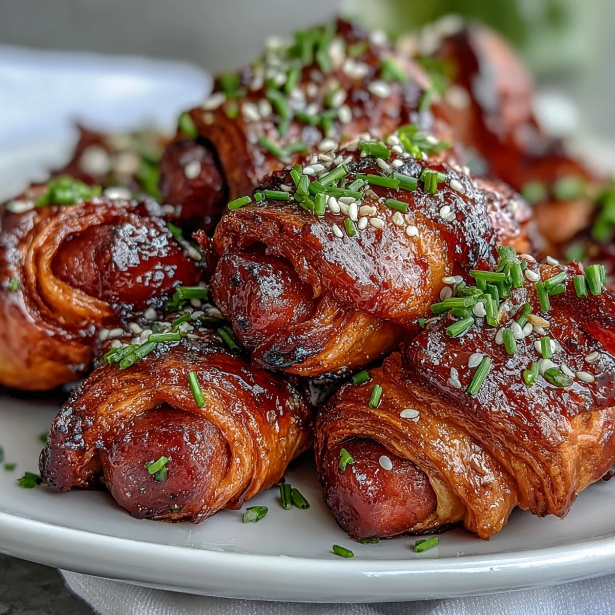 Ready to serve Pepper Jelly Hogs in a Blanket on a party platter, garnished with fresh chives for a sophisticated appetizer.