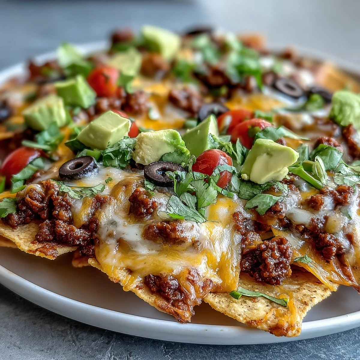 Freshly baked Baked Nachos with melted cheddar, seasoned beef, and colorful toppings like jalapeños and avocado.
