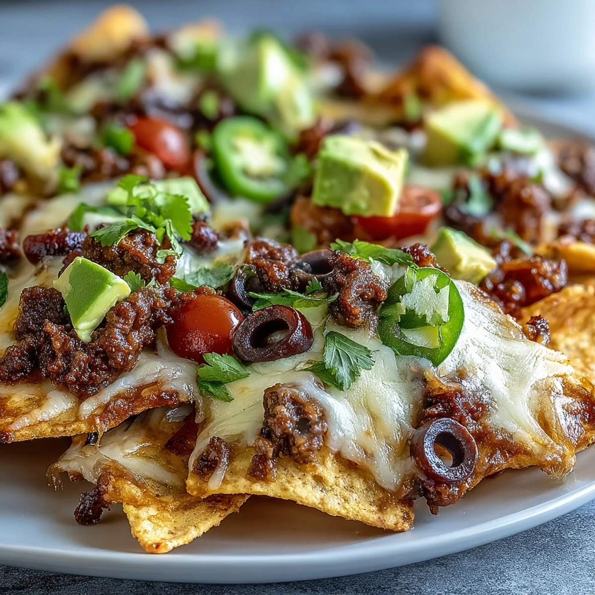 Golden, bubbly Baked Nachos served with sour cream and salsa, ready for a Tex-Mex feast.