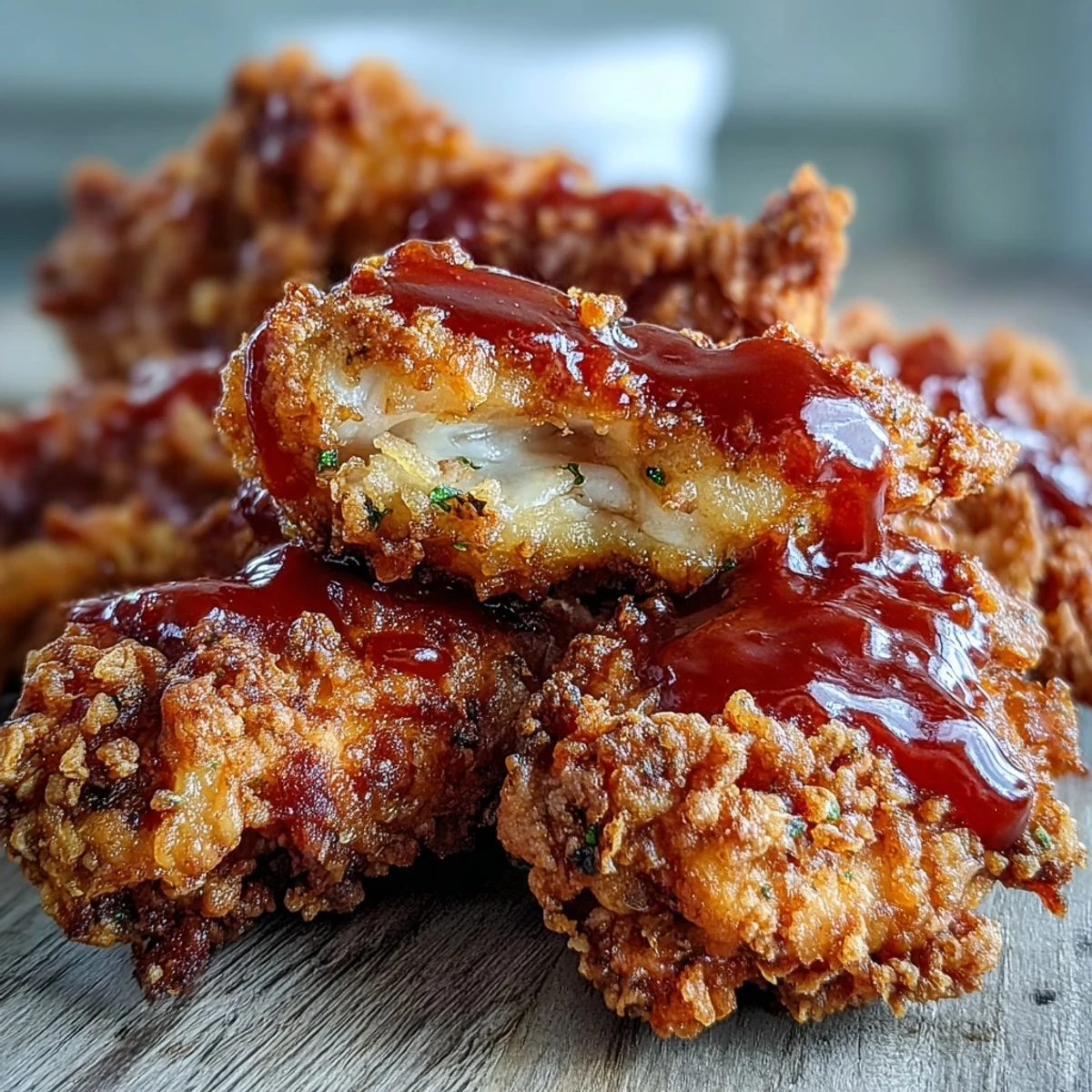 Golden Fried Chicken Wings, coated in cornstarch and deep-fried, served alongside a rich BBQ sauce and fresh scallions.