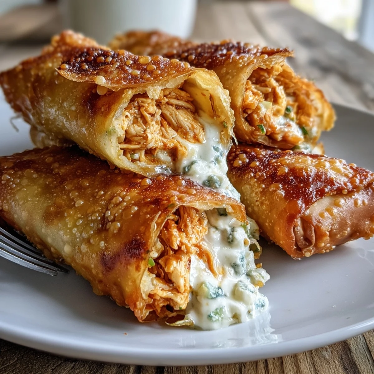 Golden brown Buffalo Chicken Egg Rolls filled with spicy shredded chicken, melty mozzarella, and crisp celery, served with creamy ranch dip for dipping.  