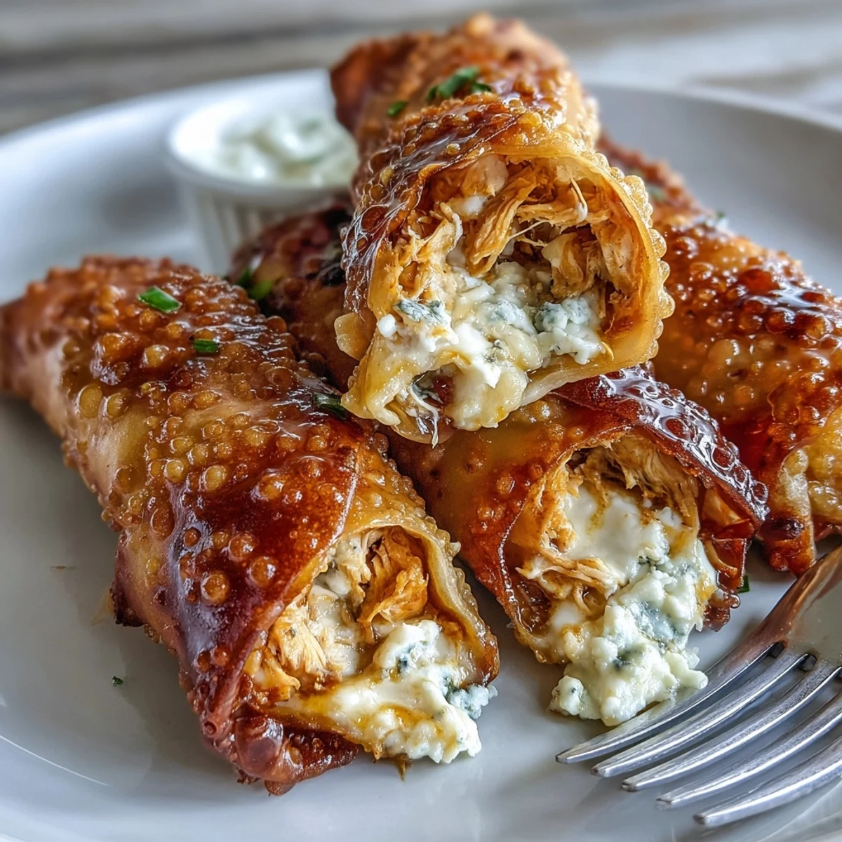 This image shows crispy Buffalo Chicken Egg Rolls stacked on a plate with fresh celery sticks, ready for a game day snack.  