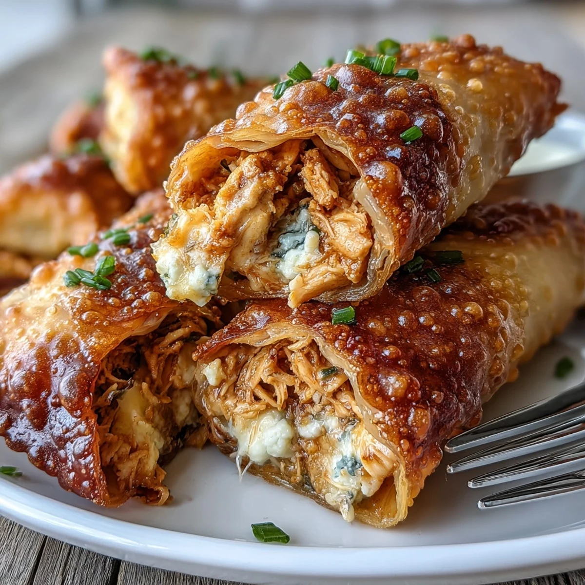 Freshly fried Buffalo Chicken Egg Rolls reveal a filling of shredded chicken, blue cheese crumbles, and crunchy carrots in every bite.