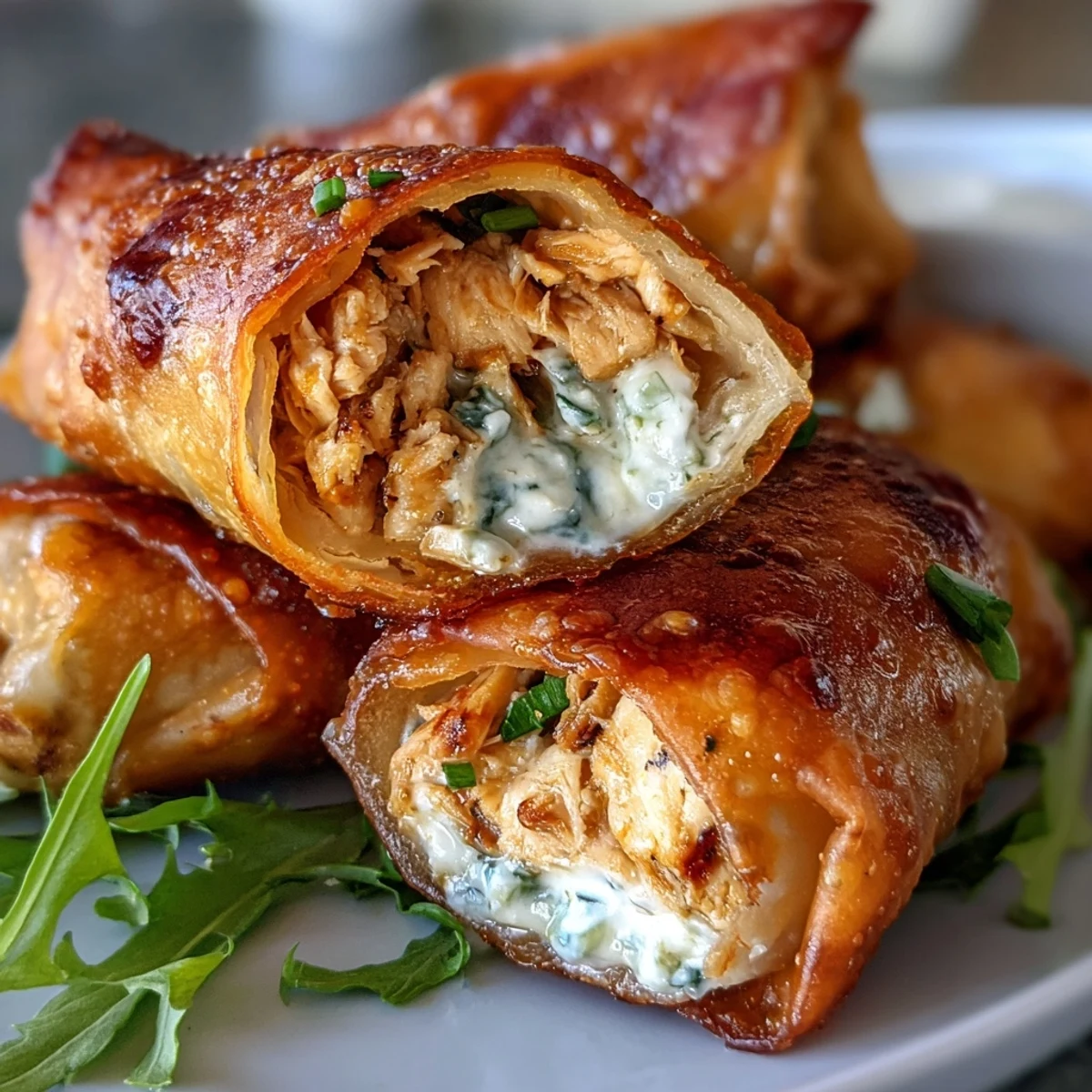 Crispy mini chicken chimis with jalapeño cream cheese, garnished with cilantro and served with green enchilada sauce for dipping.  
