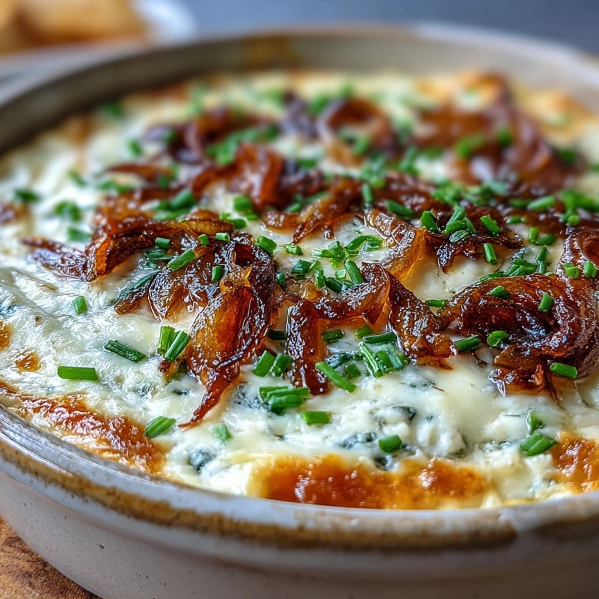 Golden bubbly Smoked Gouda & Onion Dip bakes in a dish, topped with fresh chives.
