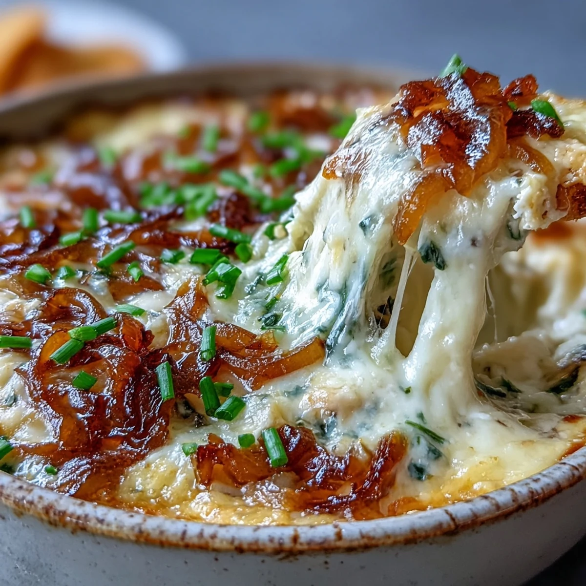 Warm Smoked Gouda & Onion Dip swirls with caramelized onions, served with crunchy tortilla chips.