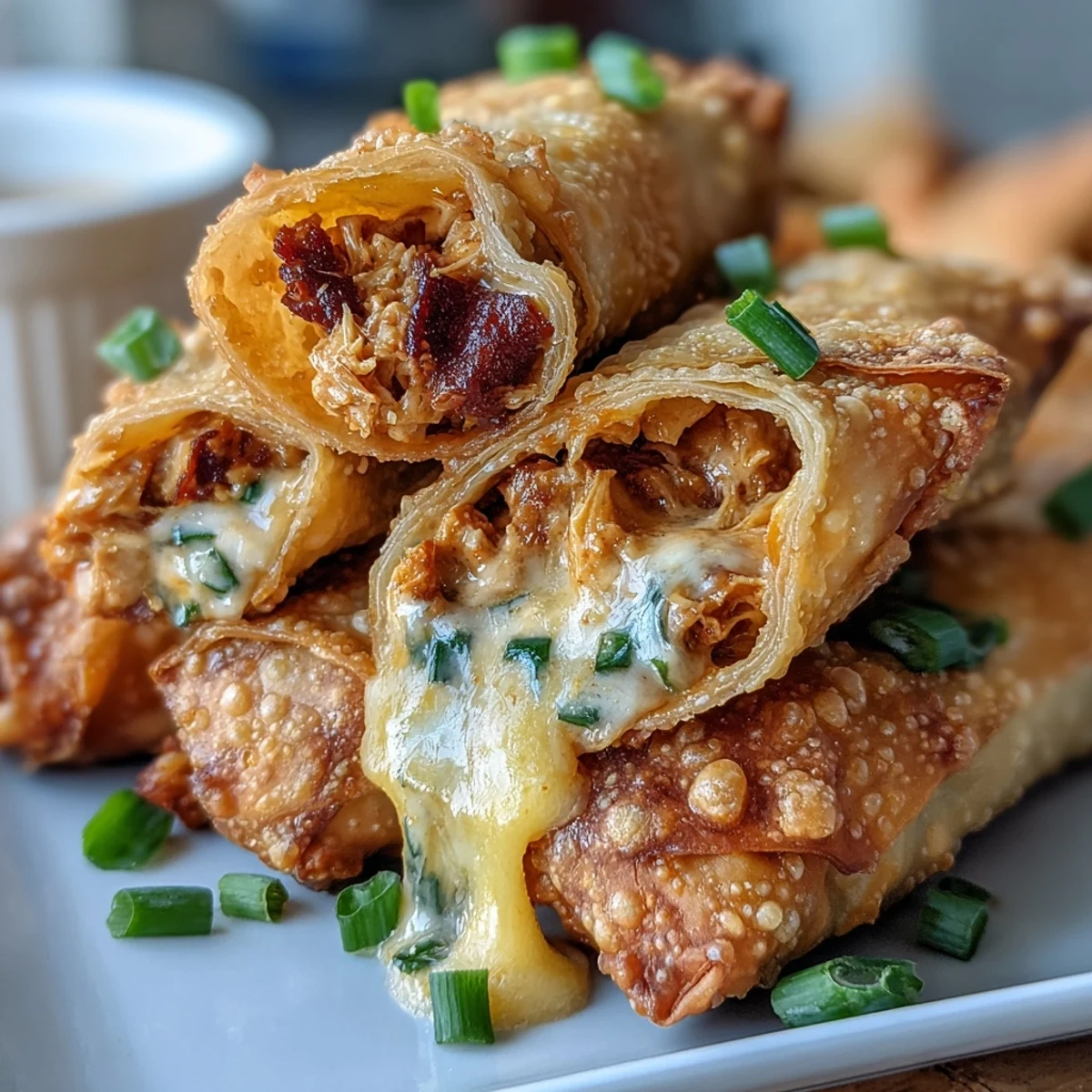 Golden Buffalo Chicken Dip Egg Rolls sit on a cooling rack after frying, showing crunchy, golden-brown wrappers.
