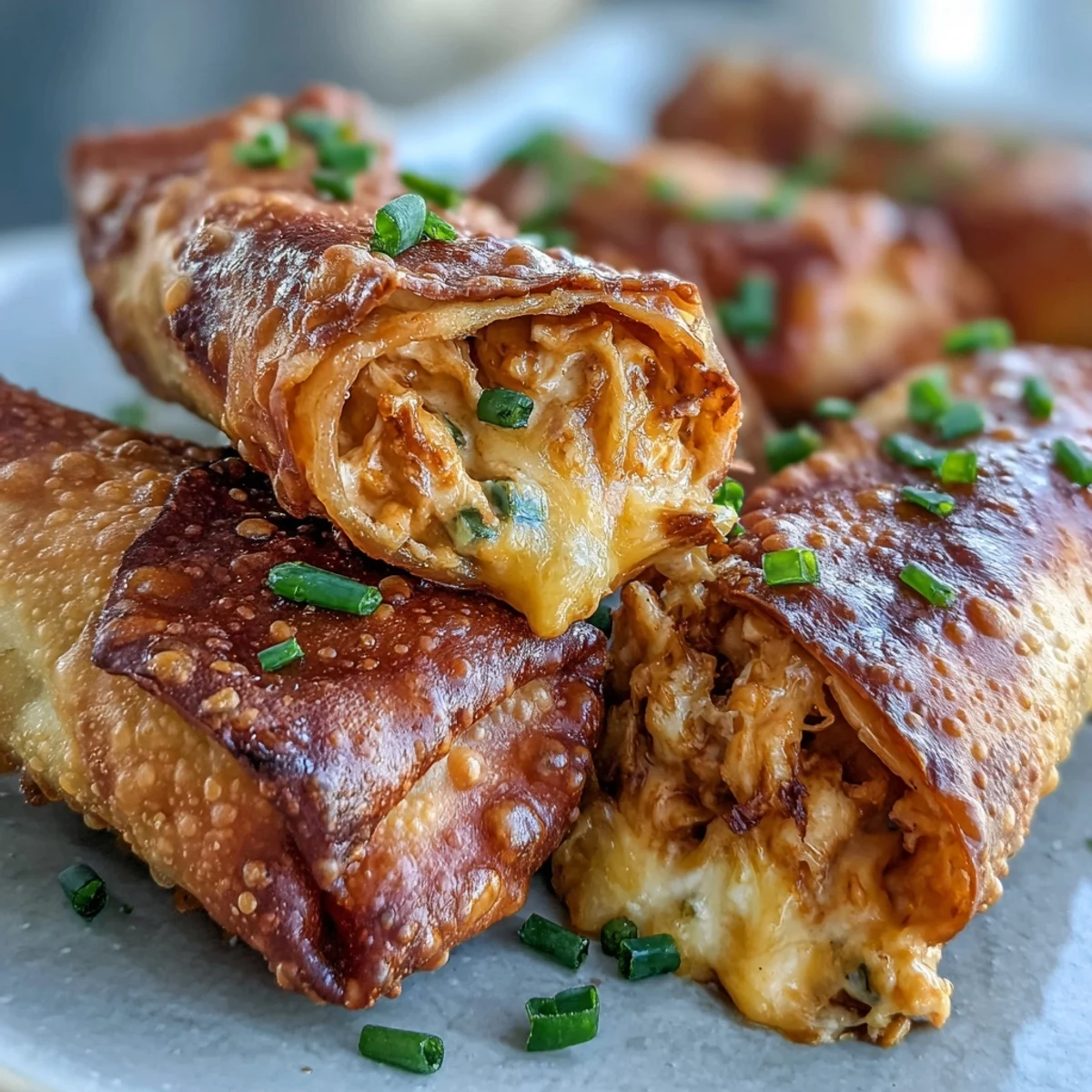 Four golden Buffalo Chicken Dip Egg rolls on a white plate with chopped green onions and a napkin.