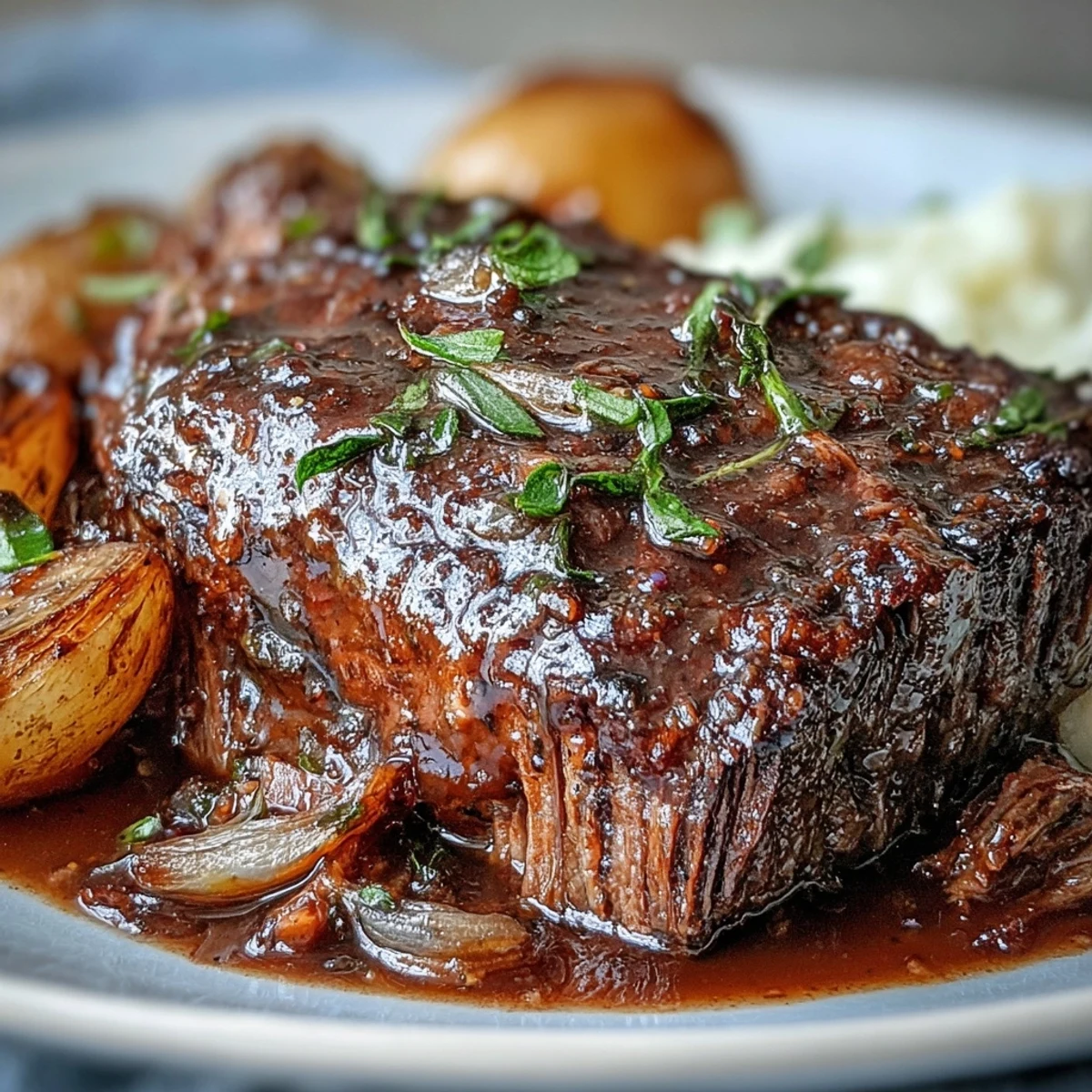 Hearty beef pot roast with celery and baby potatoes, resting in a Dutch oven with a glossy sauce.