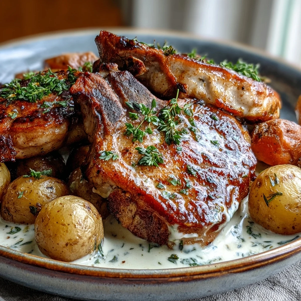 Hearty Crockpot Ranch Pork Chops with fork-tender meat, creamy ranch gravy, and colorful veggies plated for a family dinner.