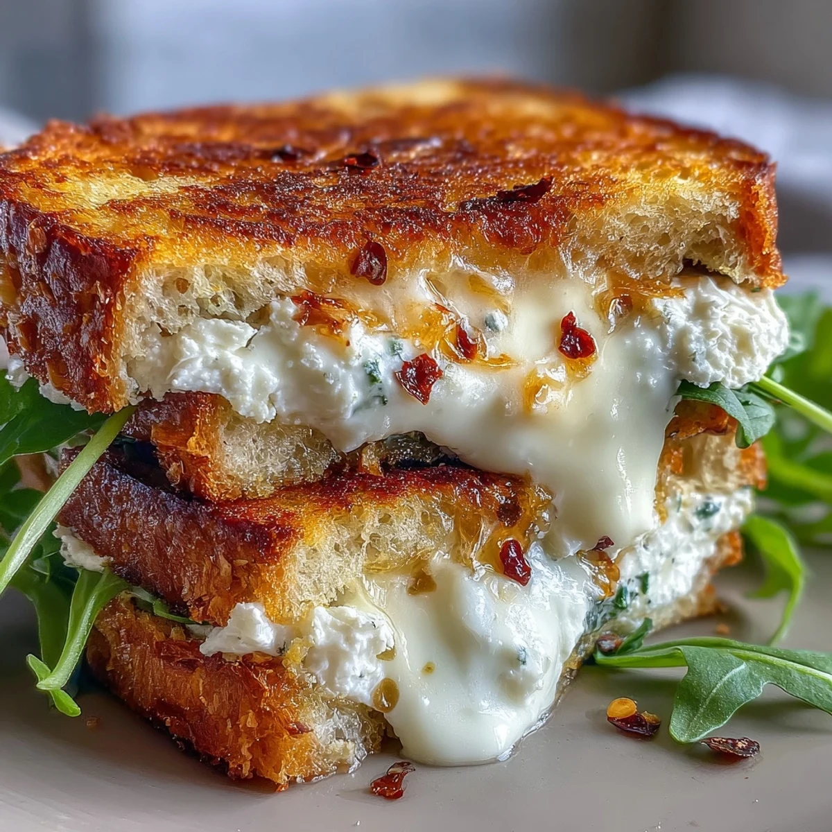 Golden-brown Goat Cheese Grilled Cheese with Honey & Chili Flakes sliced on a rustic board, revealing creamy filling and glistening honey. 