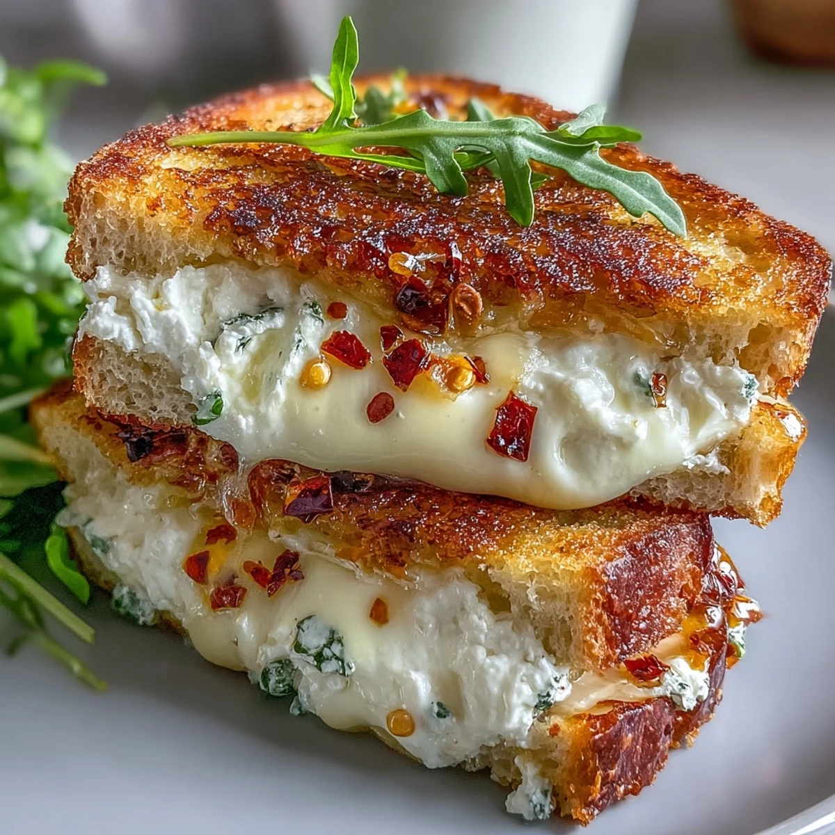 Close-up of crispy sourdough slices filled with Goat Cheese Grilled Cheese with Honey & Chili Flakes, topped with fresh thyme.