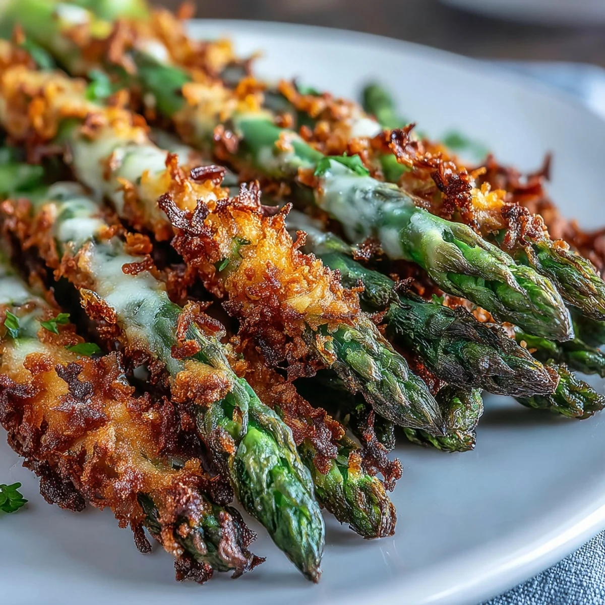 Golden Crispy Asparagus Asiago Spears baked and served with fresh lemon wedges on a wooden board.