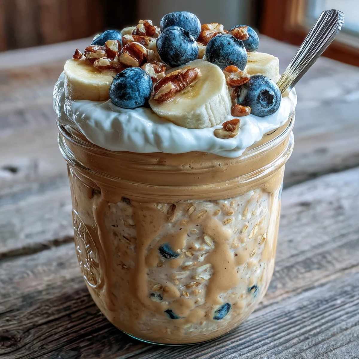 Overhead view of High-Protein Peanut Butter Overnight Oats in a jar, topped with fresh blueberries and a drizzle of honey.