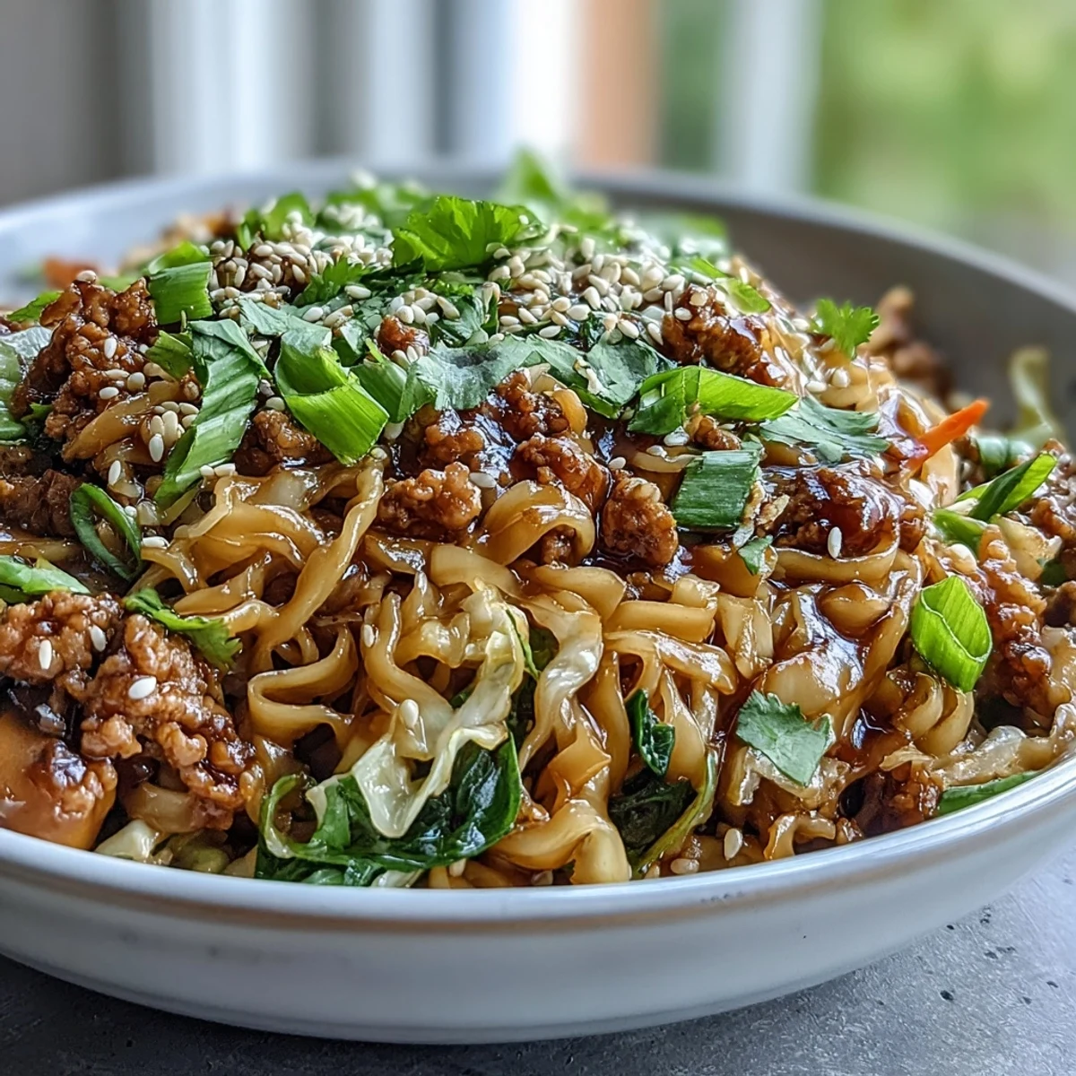 Steaming Potsticker Noodle Bowls feature rice noodles, seasoned pork, and crisp veggies tossed in savory soy sauce.