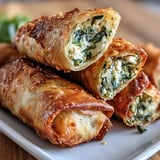 A close-up of crispy Spanakopita Spring Rolls showing flaky layers and green spinach filling with feta cheese.