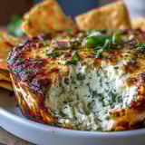 A creamy, spicy Cilantro and Lime Chicken dip topped with melted cheese and fresh cilantro garnish.