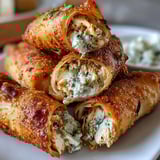 Golden-baked mini chicken chimis featuring jalapeño cream cheese filling, placed on a rustic plate with lime wedges and fresh cilantro.  