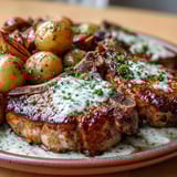 Golden-seared Crockpot Ranch Pork Chops in a velvety ranch sauce alongside soft potatoes and carrots in the slow cooker.