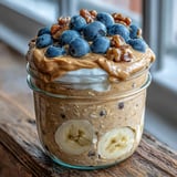 A wooden spoon lifts a portion of High-Protein Peanut Butter Overnight Oats, showing the thick texture and rich peanut butter swirl.