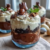 Easter Bunny Dirt Cups with Chocolate Pudding and Oreos: a festive dessert in clear cups with crushed Oreos and chocolate pudding.