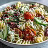 Greek-inspired summer pasta salad with juicy tomatoes, crisp cucumbers, and briny Kalamata olives, tossed in zesty dressing.  