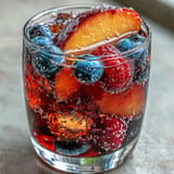 Juicy Summer Sangria Mocktail overflowing with fresh fruit in a tall glass.
