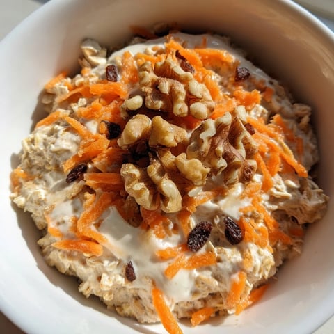 A close-up of creamy Carrot Cake Overnight Oats, perfect for a quick, healthy breakfast.