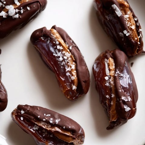 Sweet Chocolate Peanut Butter Dates, drizzled in melted chocolate and sprinkled with sea salt.