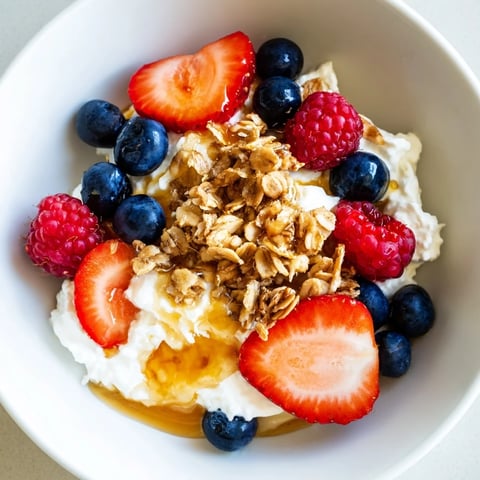 Creamy cottage cheese hot honey bowl with vibrant berries and crunchy granola, ready to eat.