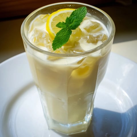 Garnished with mint, this Creamy Lemonade Drink fills a tall glass with ice cubes for a cooling summer refreshment.