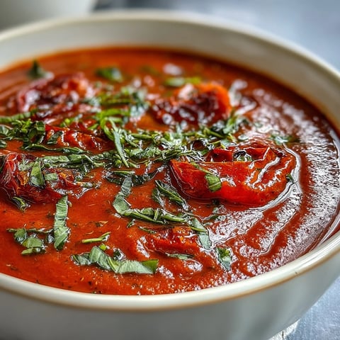Roasted Tomato Basil Soup simmering in a white bowl, topped with fresh basil and croutons beside a glass of white wine.