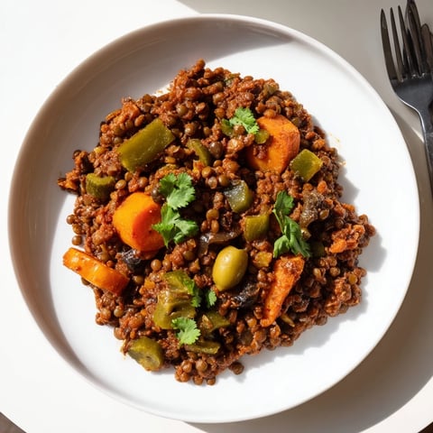 This vibrant bowl of Cuban-Inspired Lentil Picadillo features earthy brown lentils mixed with briny olives, sweet raisins, and a sprinkle of fresh cilantro, served over fluffy white rice.