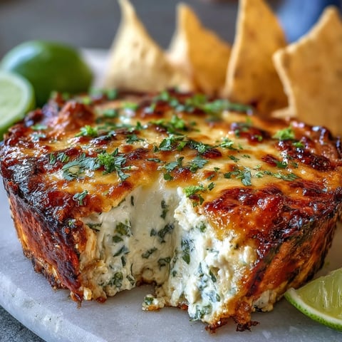 Golden, bubbly Cilantro and Lime Chicken dip baked in a dish, garnished with fresh cilantro and lime wedges.