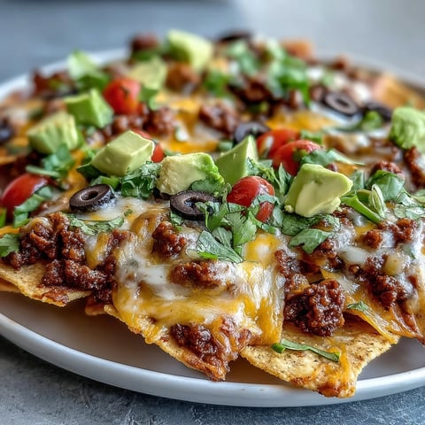 Freshly baked Baked Nachos with melted cheddar, seasoned beef, and colorful toppings like jalapeños and avocado.