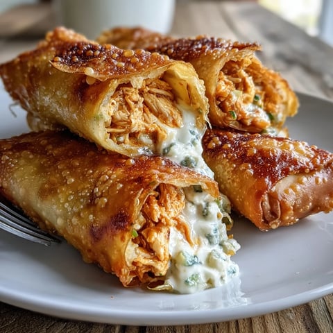 Golden brown Buffalo Chicken Egg Rolls filled with spicy shredded chicken, melty mozzarella, and crisp celery, served with creamy ranch dip for dipping.  