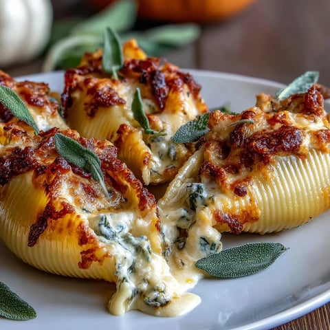 Golden, bubbly Pumpkin & Gouda Stuffed Shells are served on a plate with a fork and fresh sage garnish.