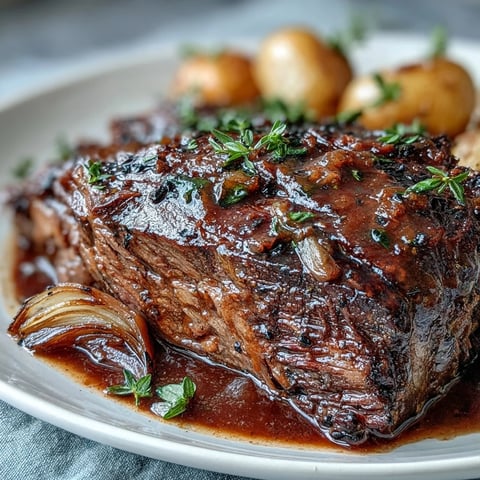 Golden brown beef pot roast with tender carrots and potatoes, smothered in a rich red wine gravy.