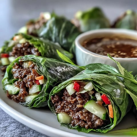 Golden-brown ground beef with Thai basil rests inside translucent rice paper wraps with julienned cucumber and carrots.