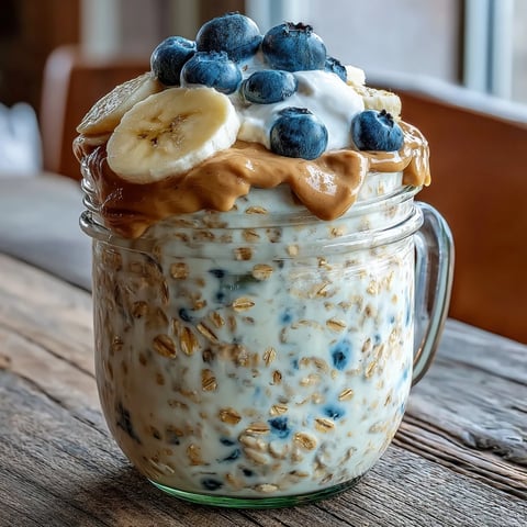Close-up of High-Protein Peanut Butter Overnight Oats in a glass jar, creamy oats topped with sliced bananas and chopped peanuts.
