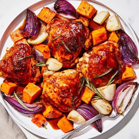 Aromatic Honey-Glazed Chicken with Roasted Root Vegetables, skin crispy, served over vibrant veggies.